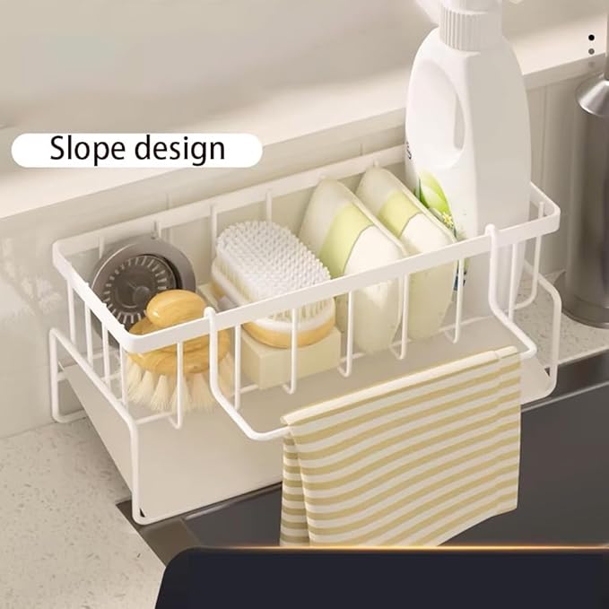 Sink Caddy Kitchen Sink Organizer, Sponge Holder for Kitchen Countertop for Dish Brush Gloves, Dish Cloth Hanger, Rustproof Kitchen Caddy with Drip Tray (White)
