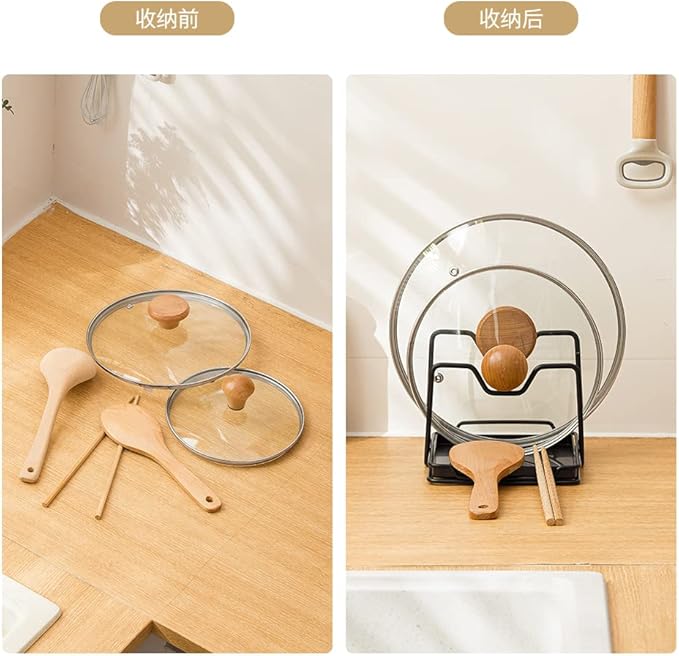 Poeland Pot Lid Holder, 2 Layers Pot Lids Organizer Multifunctional Lid and Spoon Rest Rack with Drip Tray for Lids, Spatulas, Spoons, Cutting Boards