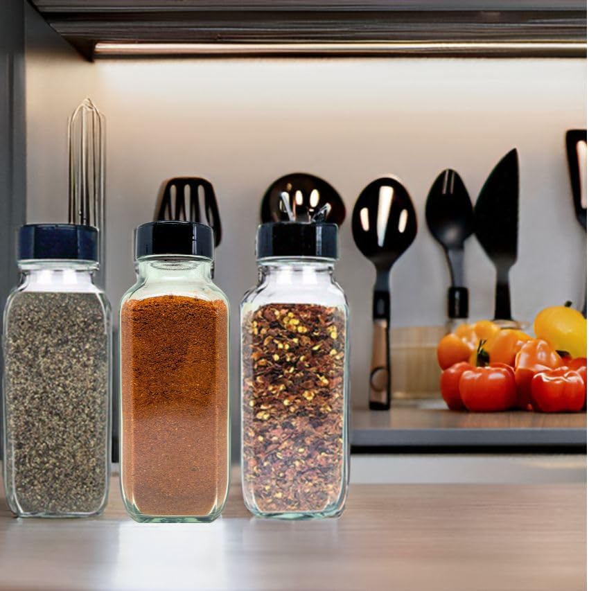Glass Spice Jars with Shaker Lids - Spice Jars 16 oz for Food Storage, Spice Containers for Kitchen Organization and Storage, Bottles for Spices (Black - 16 Ounce 3 pack)