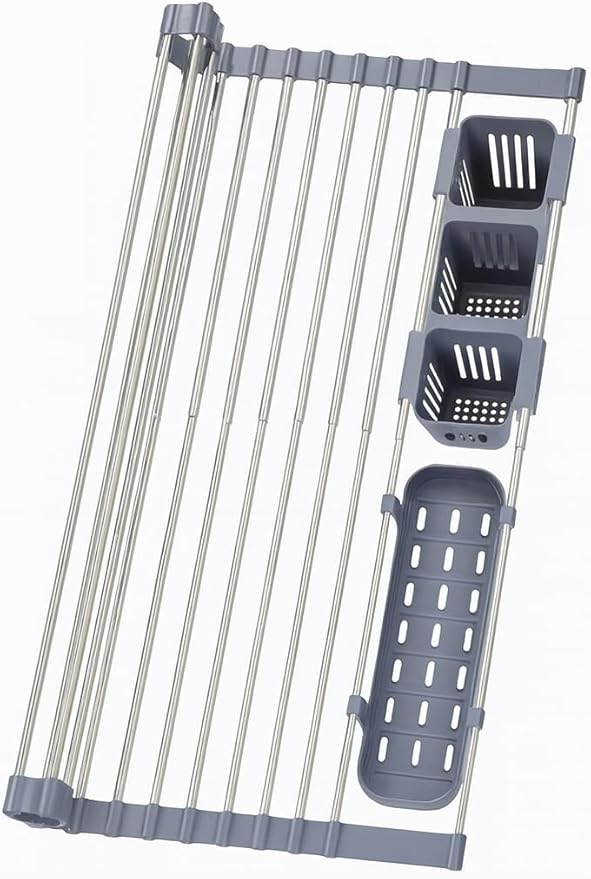 Gabrielline Expandable Roll Up Dish Drying Rack for Kitchen Sink, 21.6” x 12.7” Stainless Steel Over Sink Drying Mat with Utensil Holder & Drip Tray, Space Saving Heavy Duty Kitchen Rack Set