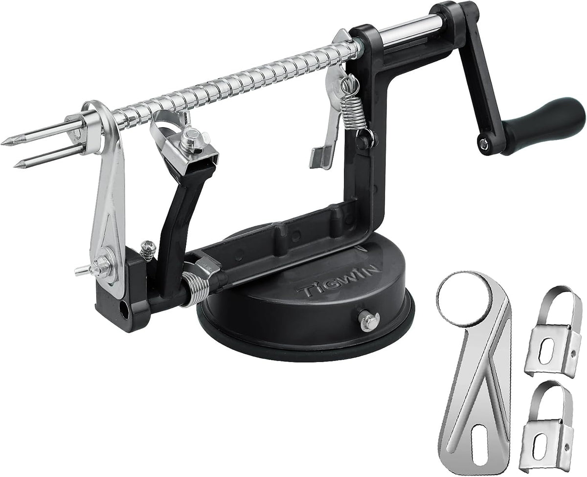 Apple Peeler Corer, Long lasting Chrome Cast Magnesium Alloy Apple Peeler Slicer Corer with Stainless Steel Blades and Powerful Suction Base for Apples and Potato(Black)