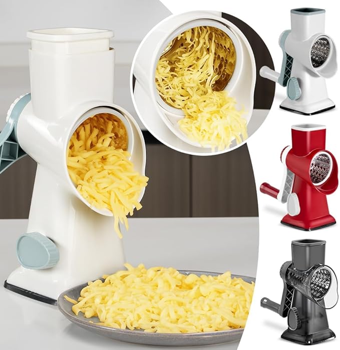 3 in 1 Manual Vegetable Cutter Machine with Stainless Steel Changeable Blades Rotary Cheese Grater Kitchen Tool Potato Slicer Shredder Nuts Chocolate Chopper (Red white)