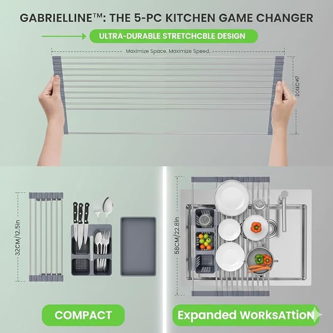 Gabrielline Expandable Roll Up Dish Drying Rack for Kitchen Sink, 21.6” x 12.7” Stainless Steel Over Sink Drying Mat with Utensil Holder & Drip Tray, Space Saving Heavy Duty Kitchen Rack Set