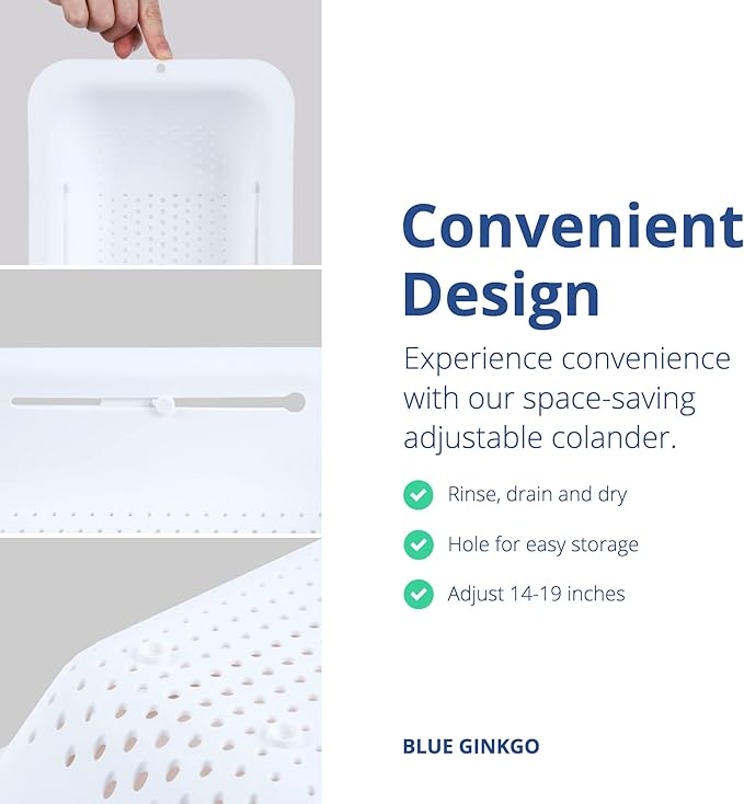 BLUE GINKGO Over the Sink Colander Strainer Basket - Wash Vegetables and Fruits, Drain Cooked Pasta and Dry Dishes - Extendable - New Home Kitchen Essentials (White, 1 Pack)
