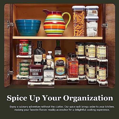 Cabinet Mounted Spice Rack Drawer - Pull Out Cabinet Organizer - Cupboard Organizers & Storage - Pantry Shelves - 30 Reg. Jars, 3 Drawers, 2 Tiers (6.9" W x 10.75" H x 10.6" D, Cream)