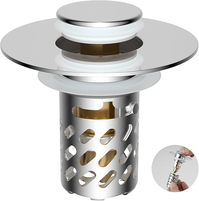 iFealClear Universal Metal Bathroom Sink Stopper, Pop Up Sink Drain Strainer with Removable Stainless Steel Hair Catcher Filter Basket, Drain Stopper for 1.1"-2.36" Basin, Brass Bounce Core,Chrome