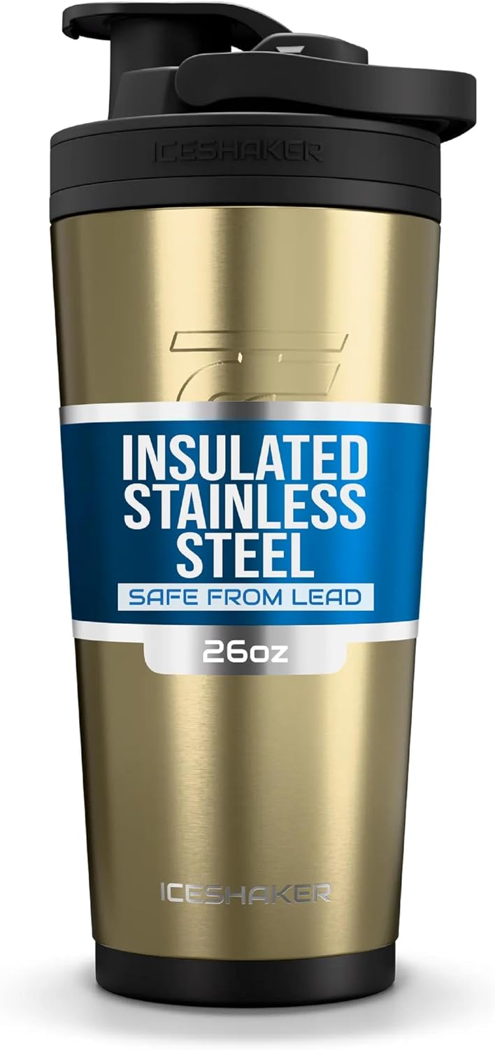 Insulated Stainless Steel Shaker Bottle | 26oz, Gold | Cold for 30+ Hours | Insulated Cup with Twist-on Agitator | Odor-Free Bottle for Protein Shakes, Water, Smoothies, Cocktails