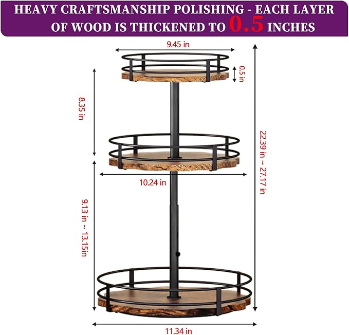 Heavy-Duty 3-Tier Lazy Susan Organizer, Adjustable to Different Heights, Countertop Spice Rack, Upgraded Thickened Wooden Board, Suitable for Seasoning Organizer, Kitchen Organization（2 Pack）