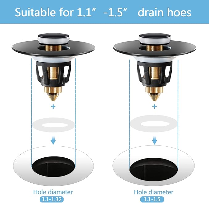 QYHNYJF Black Bathroom Sink Stopper – Pop Up Drain Stopper & Sink Strainer, Universal Sink Plug for 1.1" to 1.5" Bathroom Sink Drain Pipes, Matte Black Finish