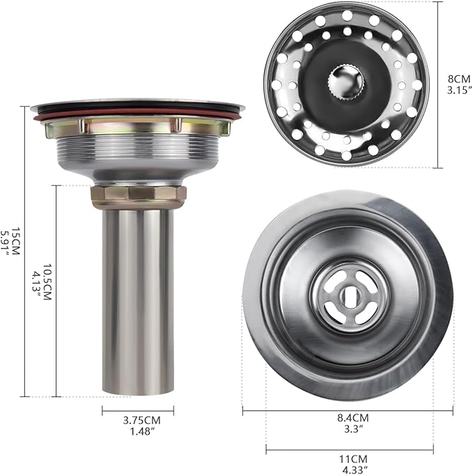Uni-Green Kitchen Sink Drain Kit for Standard 3-1/2 inch Drain - Fit 1-1/2 inch Pipe - Stainless Steel Basket with Knob - Rubber Stopper Bottom - 3.5" Kitchen Sink Drain Strainer Replacement Kit