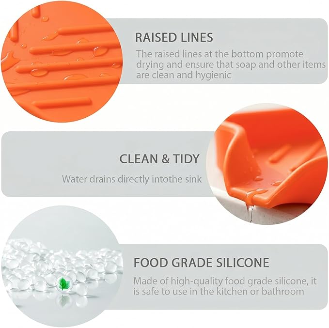 MicoYang Silicone Soap Dish with Drain Spout, Self-Draining Sink Organizer Tray for Bathroom and Kitchen, Sponges, Dispensers and Soap Holder, Non-Slip and Dishwasher Safe, Orange (Compact, 4.9"×3.2")