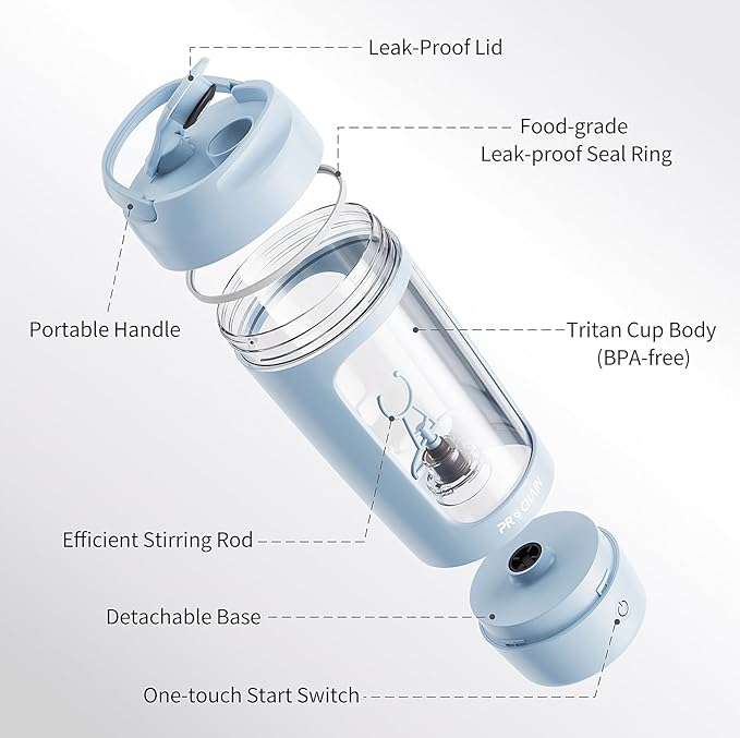 PROCHAIN Electric Protein Shaker Bottle, USB Rechargeable Protein Shakes Mixer, with Powder Storge Cup, Portable Water Drink Bottles for Gym Sport Workout, BPA-Free Tritan, 22oz (Light Blue)