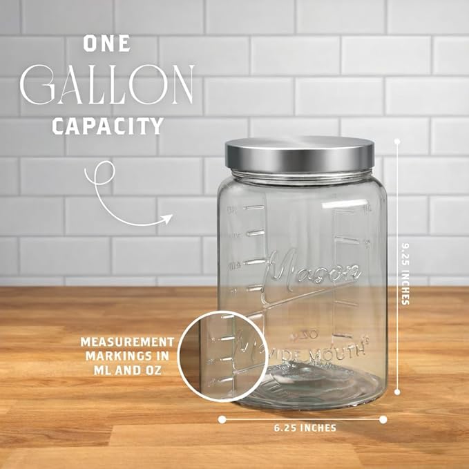 Kitchentoolz Extra Large Mason Jar - 1 Gallon Glass Wide Mouth Jar with Airtight Metal Screw on Lid, Food Storage Container with Measurement Marks For Kitchen Pantry, Pickling, Flour & Sugar Pack of 2