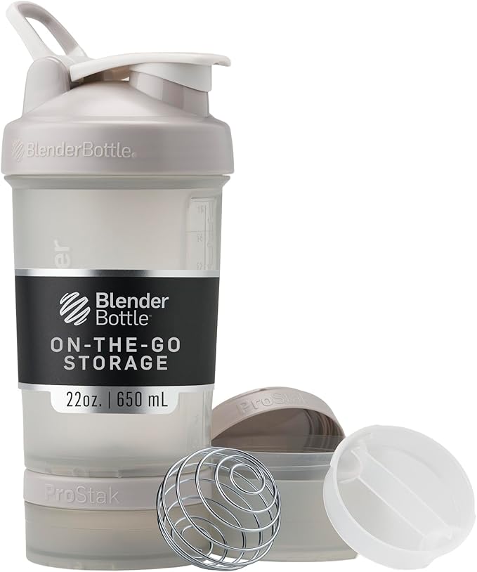 BlenderBottle Shaker Bottle with Pill Organizer and Storage for Protein Powder, Classic V2 ProStak System, 22-Ounce, Smoke Grey