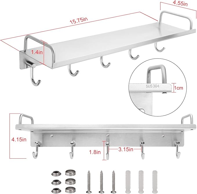 Audmore Kitchen Utensil Rack, Spice Rack with Hooks Wall Mount, Over the Stove Shelf, Stainless Steel, Hanging Storage Wall Shelf for Spatula Spoon, Seasoning Jar Organizer