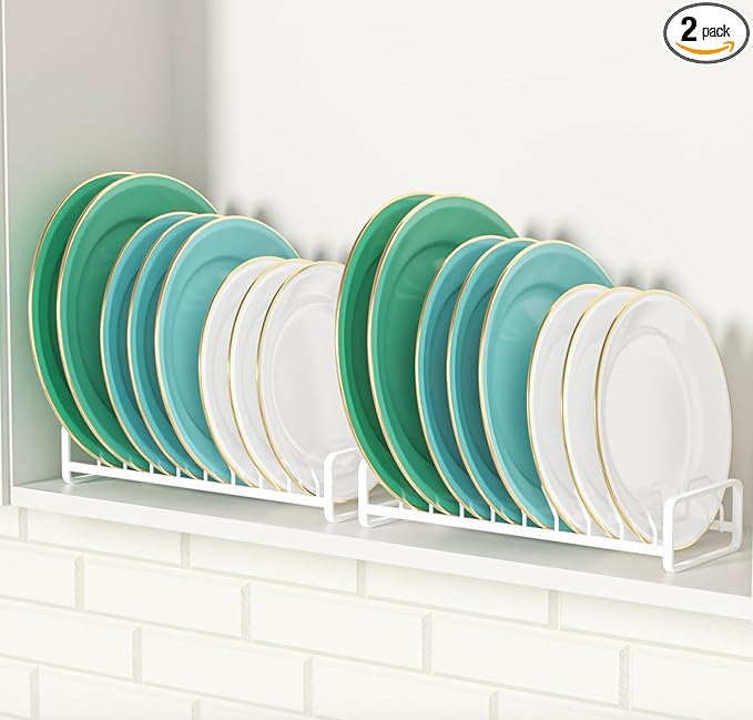 Plate Organizer for Cabinet (2-Pack),Kitchen Dish Rack Organizer for Cabinet Countertop Drawer Space Saver，8 Slots Vertical Plate Holder Storage Rack, Housewarming Kitchen Gifts for Women (White)