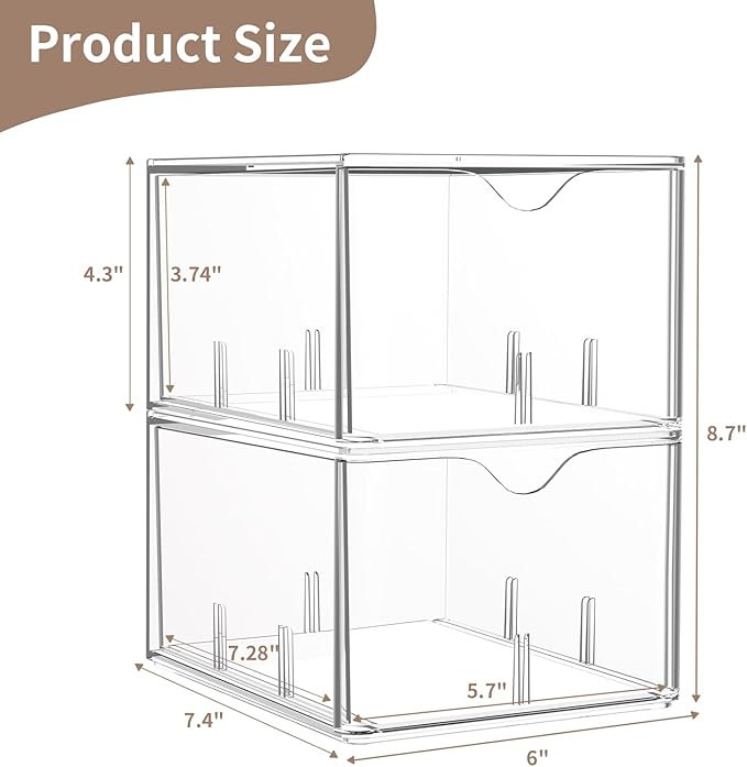 2 PCS Clear Stackable Storage Drawers with Adjustable Dividers, 6 Compartments Plastic Tea Bag Organizers, Acrylic Food Storage Bins for Pantry, Kitchen Cabinet, Fridge, Sugar & Spice Packets, Snacks