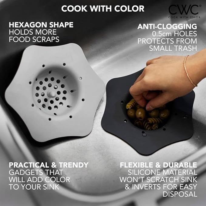 COOK WITH COLOR Kitchen Sink Strainer, Silicone, Flexible Sink Strainer, Sink Drain Strainer, Charcoal/Gray