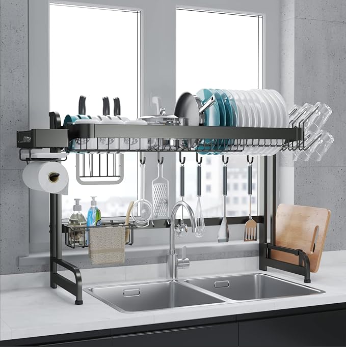 LIVOD Over Sink Dish Drainer Drying Rack, 2 Tier Full Stainless Steel Storage Adjustable Length Kitchen Rack, Multifunctional Expandable Counter Organizer, Space Saver Dish Rack