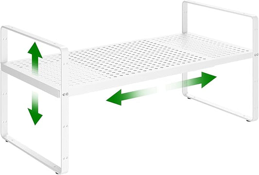 Expandable Kitchen Cabinet Shelf Organizer Rack Heavy Duty Metal Spice Rack Stackable Counter Storage Shelf for Kitchen Cabinet Pantry Bathroom (White