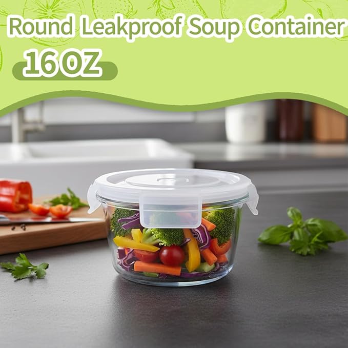 H.JSS WDJS2Cup Glass Soup Container with Airtight lids, 16oz Round Glass Food Storage Container, Round Food Bowls BPA free, Leakproof Soup Container, Dishwasher Microwave & Freezer Safe (8 Pack)