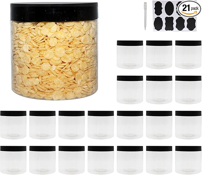 zmybcpack 21 Pack 16 oz Plastic Jars With Lids, Extra Labels, 1 Pen, Clear PET Seal Jar for Food Storage,Wide Opening Storage jar For Dry Food, Peanut, Powder, Kitchen & Craft Storage