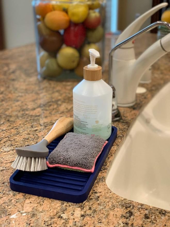 Silicone Kitchen Sink Organizer Tray, Sponge Holder and Countertop Protector | Bathroom and Kitchen Soap Dish and Dispenser Tray (Black, 10"x5.25")