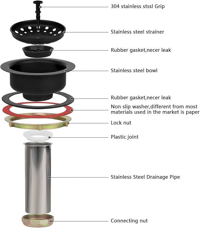 Uni-Green Matte Black Kitchen Sink Drain Kit for Standard 3-1/2 Inch Drain - Fit 1-1/2 inch Pipe - Stainless Steel Basket with Knob - Rubber Stopper Bottom - 3.5" Kitchen Sink Drain Replacement Kit