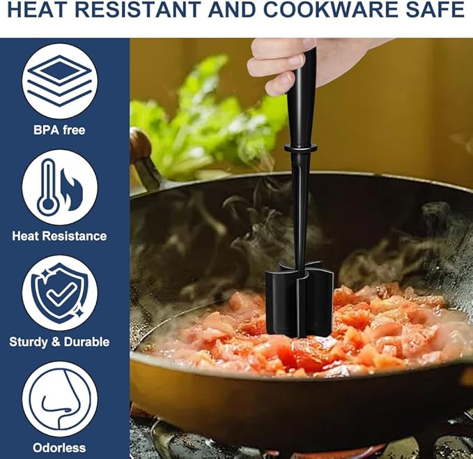 Meat Chopper, Premium Heat Resistant Meat Masher, 5 Blades Ground Beef Masher, Non Stick Hamburger Smasher, Nylon Potato Masher, Dishwasher Safe, Black