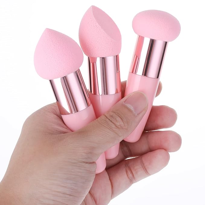 Sibba 3 Pcs Little Makeup Sponges with Handle, Powder Make Up Puff Set, Wet and Dry Foundation Blending Applicator, Cosmetic Concealer Face Brush, Lightweight Mini Beauty Sponges for Eyes and Sticks