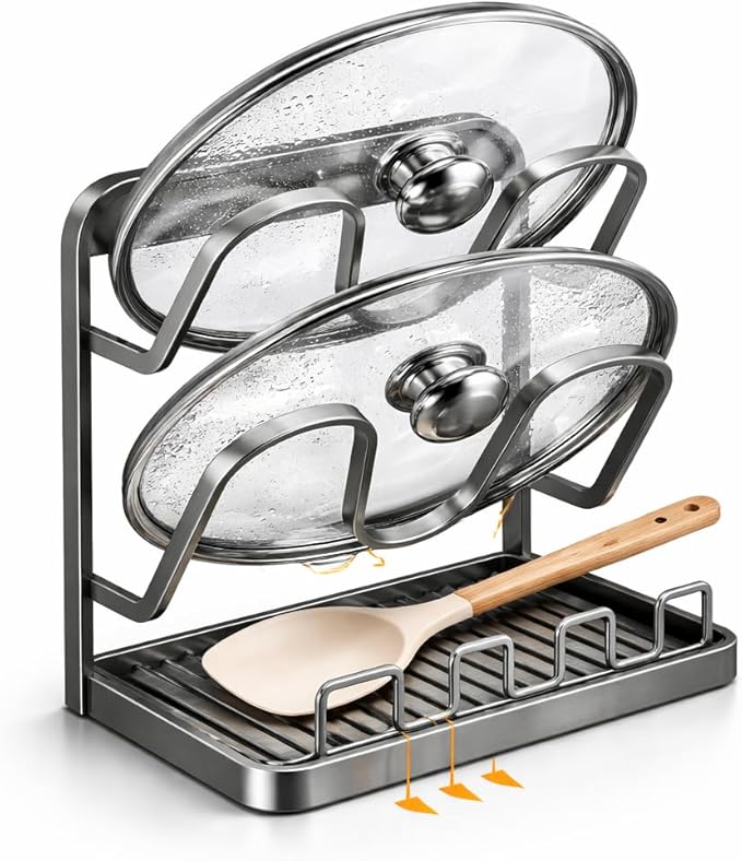 NUOREEL Kitchen Pot Lid Organizer, Extra-Wide Kitchen Pot Lid Storage Rack for Bigger Lids, Heavy-Duty Carbon Steel Frame with Reinforced ABS Base, Fits 30–32cm Lid (Gray)