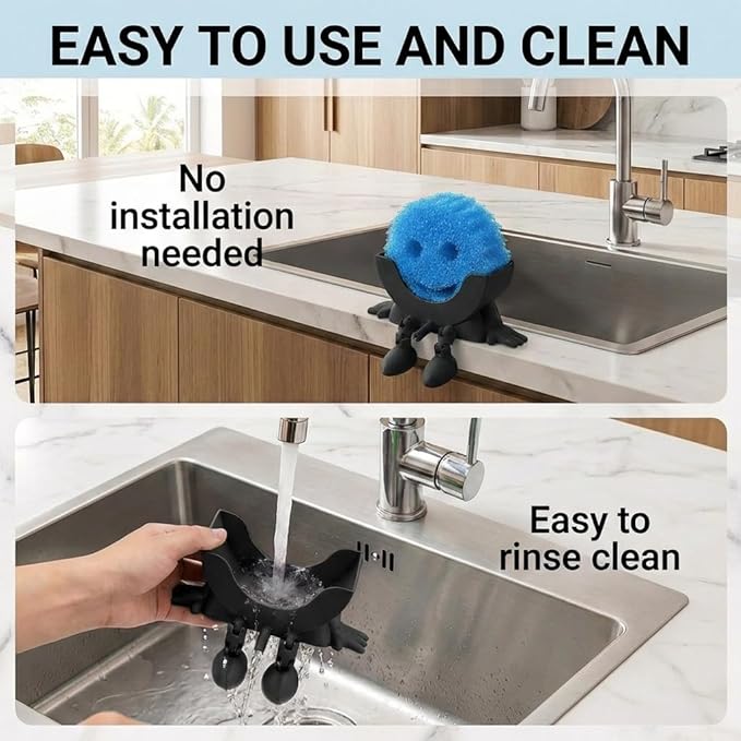 Creative Hanging Sponge Holder with Drainage/Traceless Glue, 3D Printing Countertop Funny Sponge Holders for Kitchen Sink, Keeps Your Sponge Dry & Smiling, for Scrub Daddy Holder (1, Black)