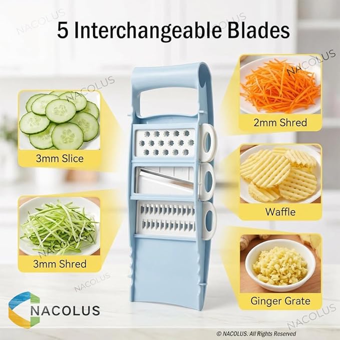 NACOLUS Handheld Mandoline Slicer for Kitchen, Vegetable Slicer Multi Blade Potato Chip, Veggie shredder, Vegetable Cutter, Julienne Shredder and peeler For Small Job In Kitchen Blue