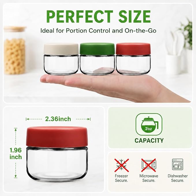EONJOE 2 oz Glass Jars with Lids Dressing Containers Sauce Cups Mini Condiment Dip Jars To Go Lunch Accessories,12-Pack