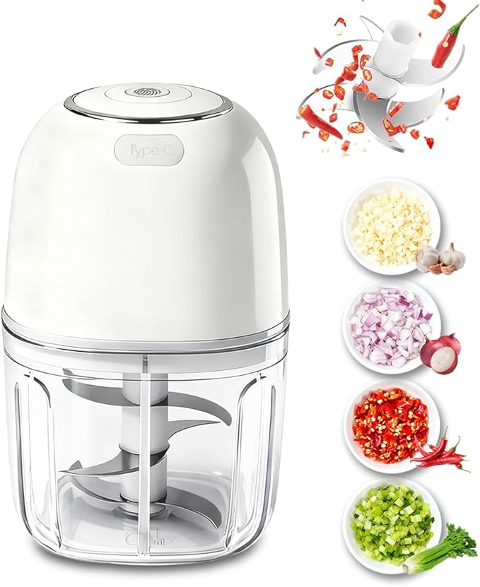 Electric Garlic Chopper, Portable Food Processor 350ML Rechargeable USB C Vegetable Blender with 6 Stainless Steel Blades Safty Lock, Cordless Mini Chopper for Onion Nuts Chili Herb Meat