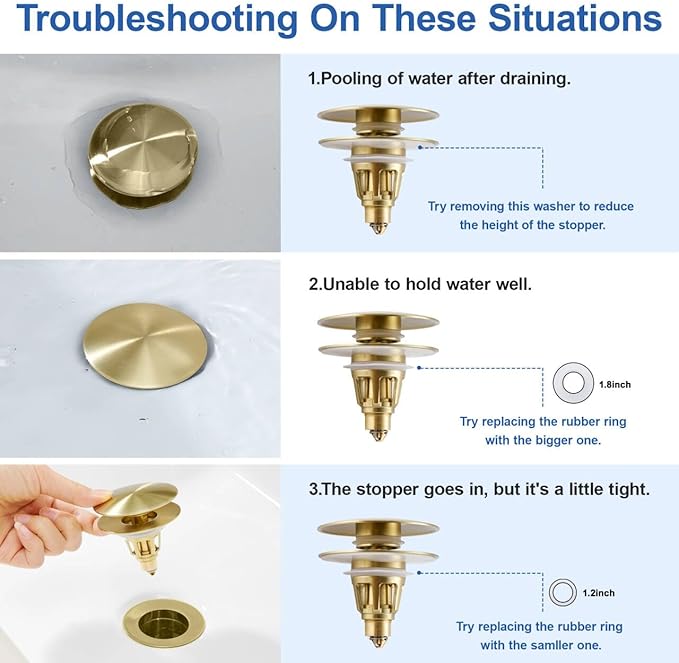 Universal Bathroom Sink Stopper - Pop Up Sink Drain Stopper, Push Button Flixfilter Sink Drain Stopper Replacement, Wash Basin Drain Filter Plug Anti-Clogging Basket, Brushed Gold