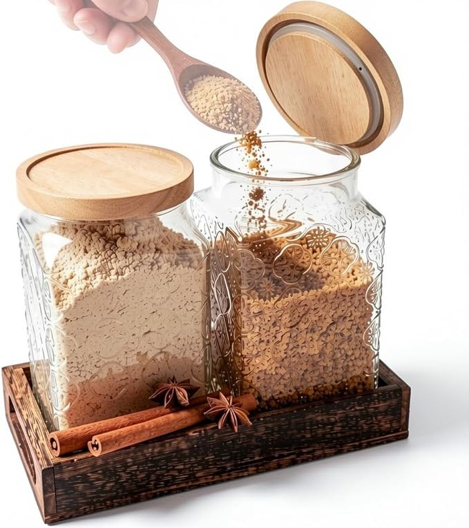 eBun 2Qt (64oz/1.9L) Airtight Brown Sugar Container Set of 2, Vintage Style Glass Jars with Wooden Lids & Tray, Half Gallon Kitchen Canisters for Flour, Coffee, Tea, Pantry Storage