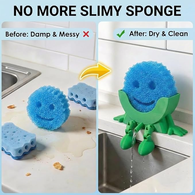 Creative Hanging Sponge Holder with Drainage/Traceless Glue, 3D Printing Countertop Funny Sponge Holders for Kitchen Sink, Keeps Your Sponge Dry & Smiling, for Scrub Daddy Holder (1, Green)