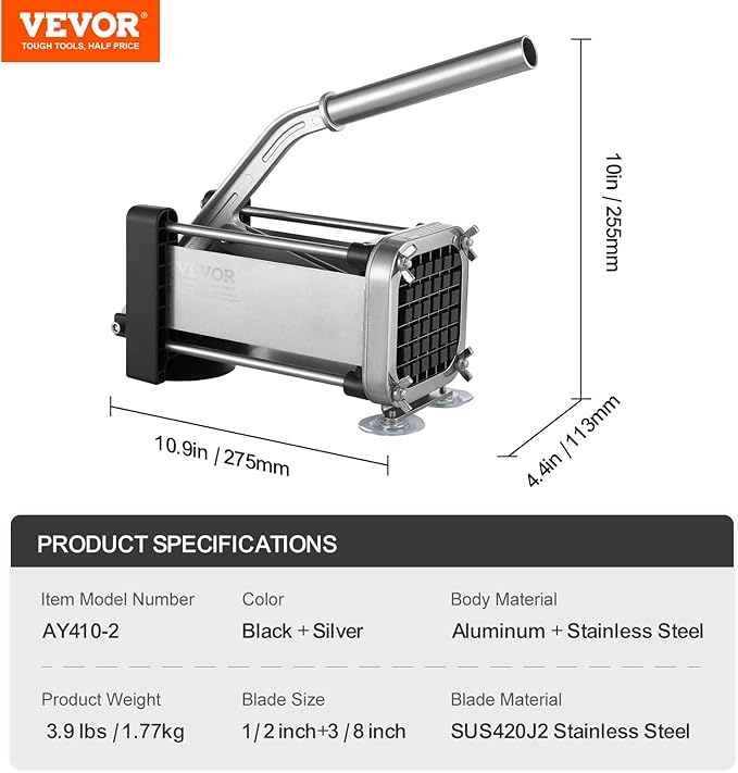 VEVOR French Fry Cutter, Potato Slicer with 1/2-Inch and 3/8-Inch Stainless Steel Blades, Manual Potato Cutter Chopper with Suction Cups, Great for Potato, French Fries, Cucumber, Vegetables, Carrot