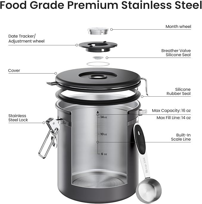 Veken Coffee Canister, Airtight Stainless Steel Kitchen Food Storage Container Holder for Beans, Ground, Tea, Flour, Cereal, Sugar, Espresso, Bar Accessories, Lids, Jars, Sealed Tin, Scoop,16OZ, Gray
