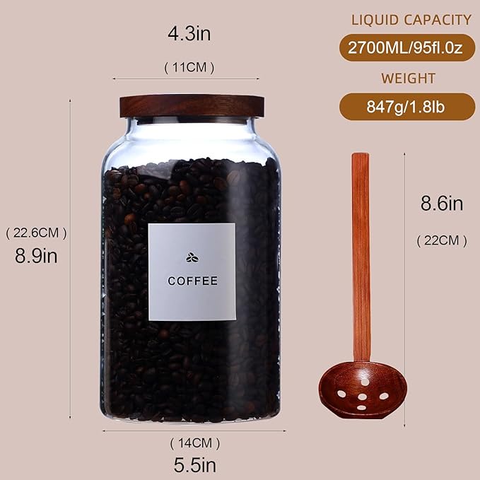 2 Pack Glass Storage Jars with Airtight Wooden Lids, 2700ml Large Clear Kitchen Canisters with Spoon, Food Storage Containers for Flour Sugar Coffee Beans Rice Cereal Pantry Organization