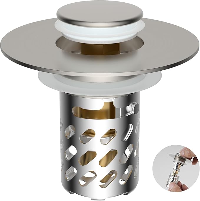 iFealClear All Metal Bathroom Sink Stopper, Pop Up Sink Drain Strainer with Removable Stainless Steel Filter Basket, Universal for 1.1"-2.36" US Sink, Brass Bounce Core, Hair Catcher, Brushed Nickel