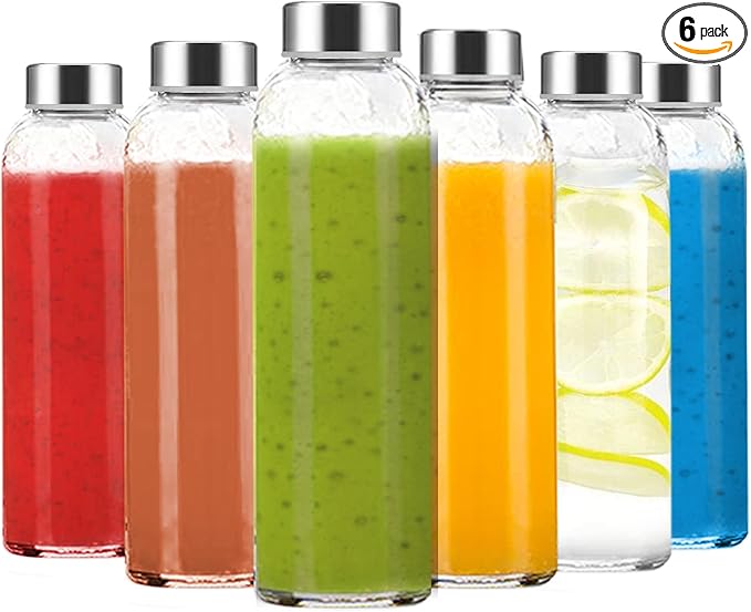Luxfuel 24 oz Clear Glass Bottles with Lids, Reusable Glass Water Bottles with Stainless Steel Cap for Juicing, Refrigerator,100% Leak Proof, BPA Free, Juice Water Bottle Set of 6