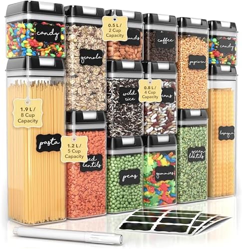 Airtight Food Storage Containers with Lids – 14 Piece Assorted Size Kitchen Pantry Organization Set, BPA-Free Clear Plastic, Stackable Containers for Cereal, Flour, Sugar, Rice, Snacks