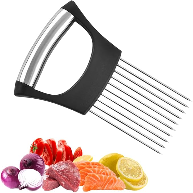 Onion Holder for Slicing, 2025 New Stainless Steel Onion Slice Holder Lemon Slicer Vegetable Cutter, Kitchen Chopper Slicing Assistant Tool for Meat, Onion, Potato, Tomato (B-1PCS)
