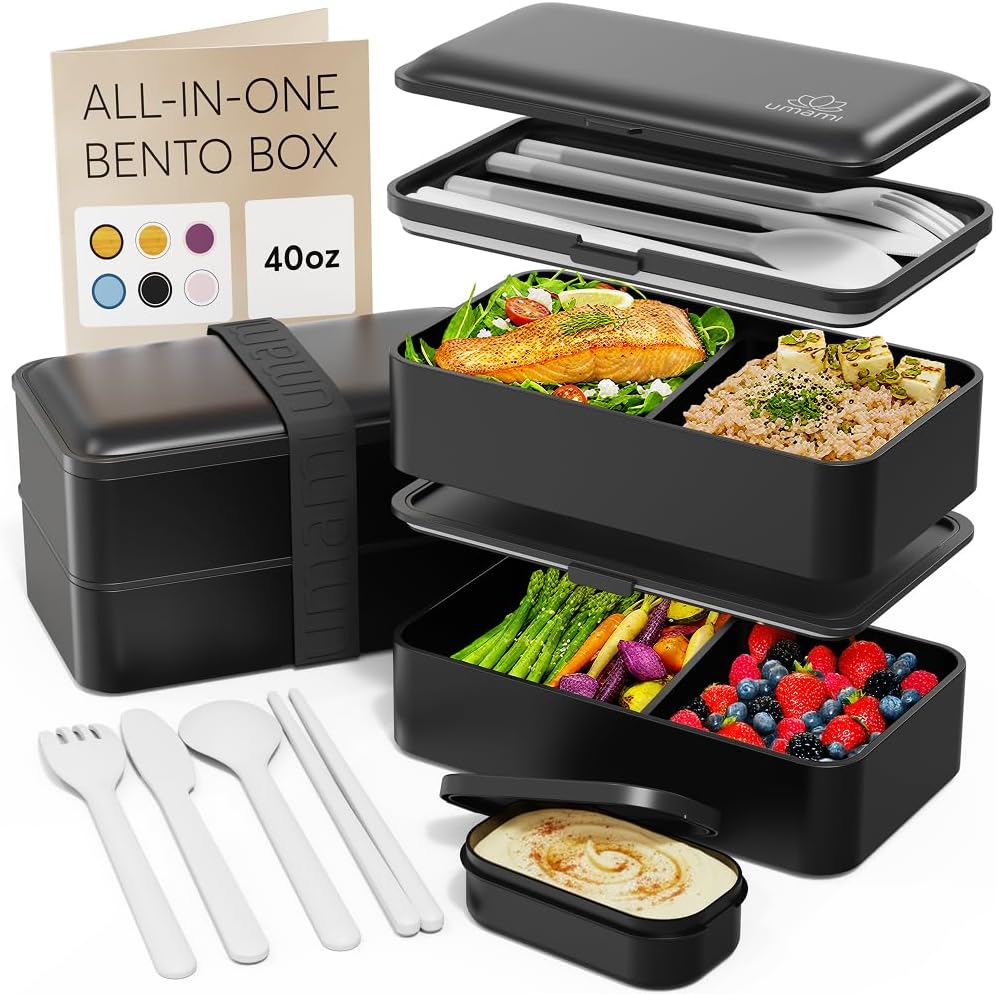 Bento Box Adult All-In-1 w/4 Utensils, Big Sauce Jar, 2 Dividers, 100% Leakproof, Microwave & Dishwasher Safe, Stackable Bento Lunch Box Containers for Men/Women, Matte Black, 40 oz