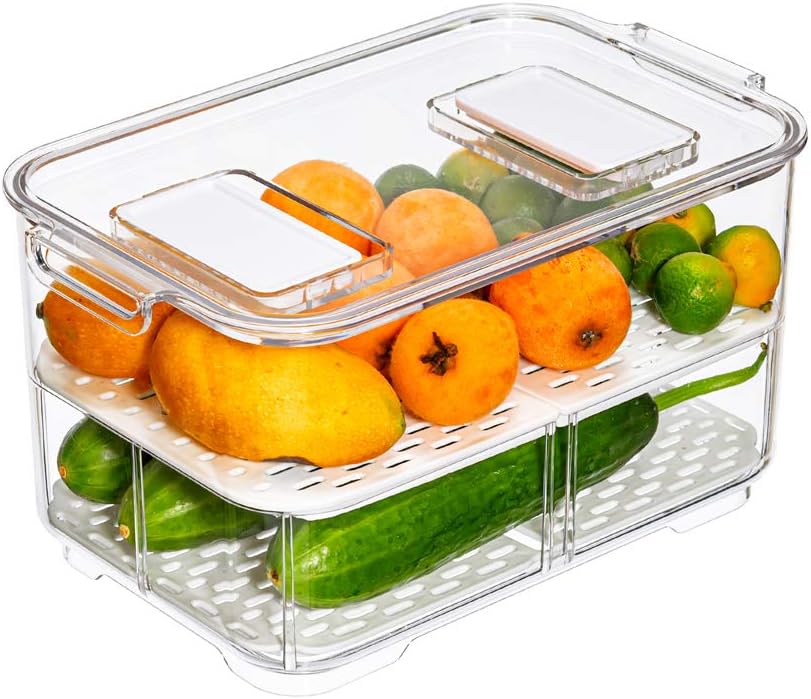 11'' Large Food Storage Containers, Fridge Produce Saver 2 Tier Stackable Refrigerator Organizer with Lids and Removable Drain Tray Drawers Bins Baskets for Kitchen