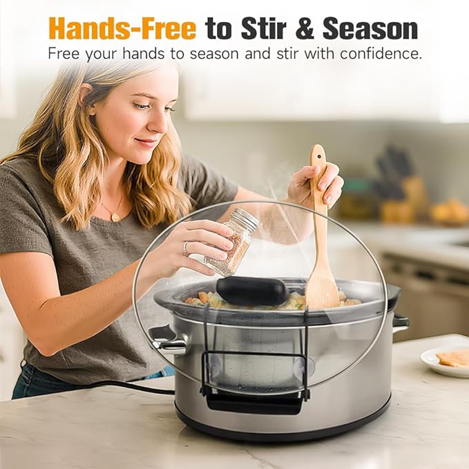 SOPHICO Slow Cooker Lid Holder for Cooking, Hand Free Pot Lid Organizer, Stainless Steel Rack with Silicone Sink, Fits Most Slow Cookers, Keeps Countertop No Mess (Black, 2 Pack)