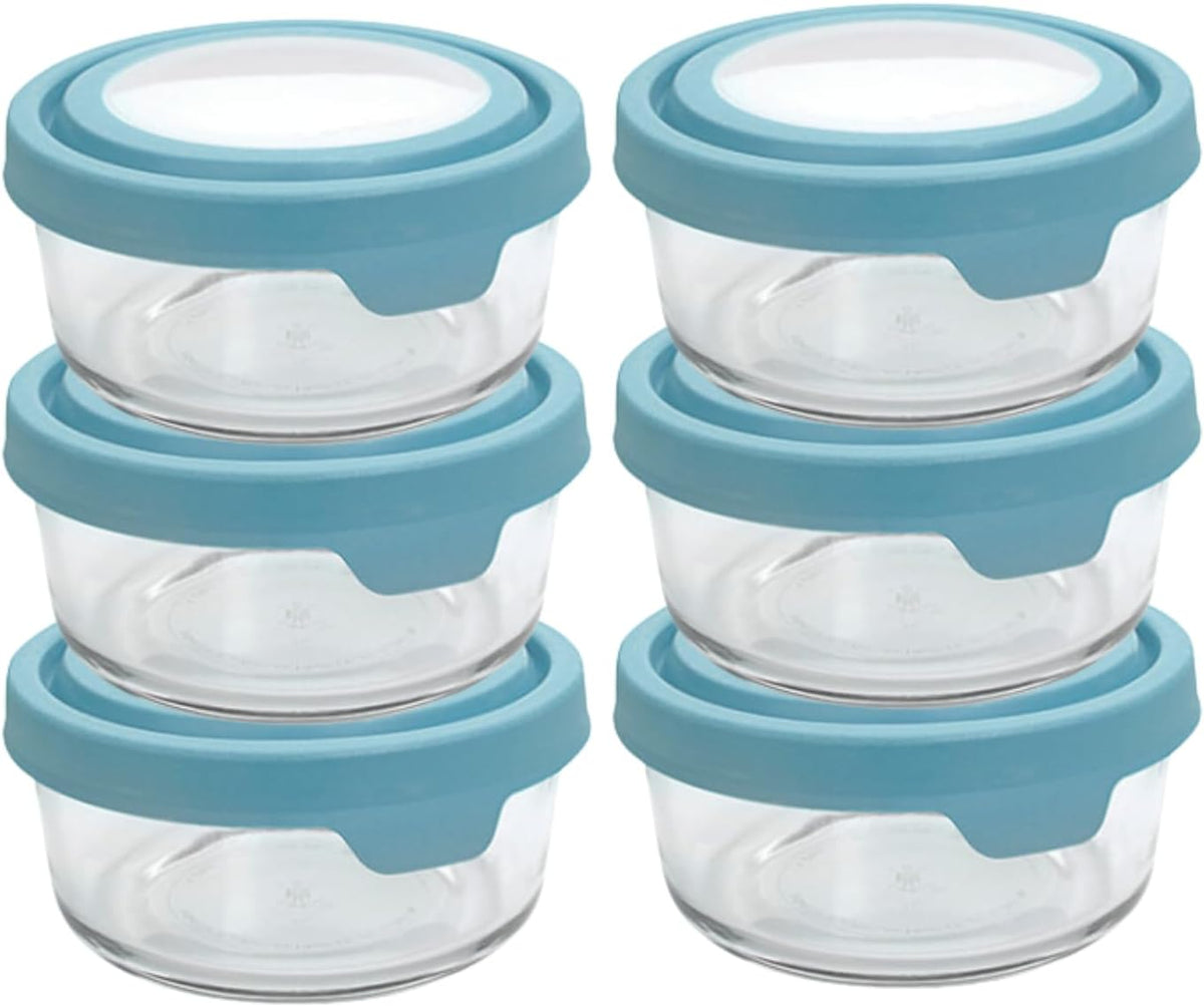 2 Cup Glass Storage Containers with Lids, Set of 6 Glass Food Storage Containers with Mineral Blue TrueSeal Lids
