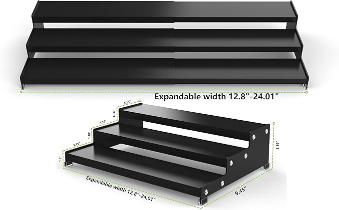 Jojocross Spice Rack Organizer 3 Tier Expandable Display Shelf(12.8"-24.01" W) Non-Skid Heavy Duty Sturdy Metal Iron Alloy Steel Step Racks 1 Pack/Black